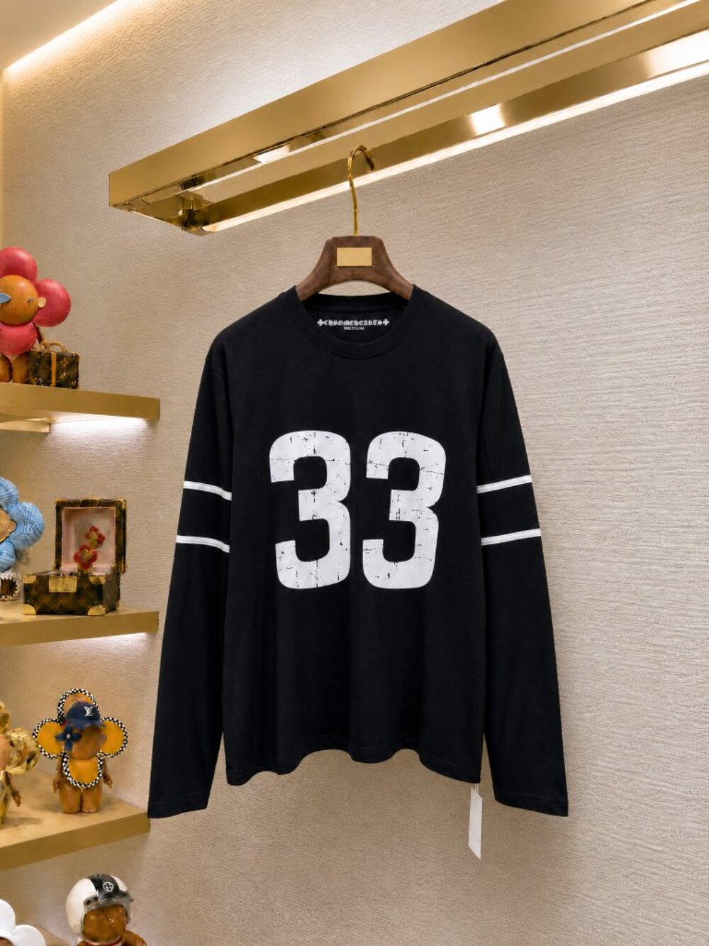 Chrome Hearts Black 33 Number Print Long Sleeve T‑Shirt White Stripe Sleeves